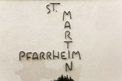 Lettering, letters, St Martin's parish hall, facade, Oberuhldingen district, Uhldingen-Mühlhofen