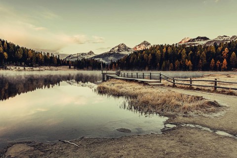 Lake Staz near Sankt Moritz in the Engadin in Switzerland. Morning atmosphere with fog in autumn.