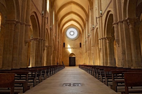 Nave with rose window above portal, interior, Gothic basilica of the Cistercian Abbey of Fossanova,
