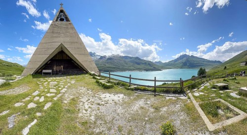 Panoramic photo with left 1967 above right Lac du Mont Cenis built Musée Museo Mont-Cenis Pyramid