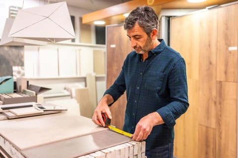 Architect choosing tile for his project, measuring large format tiles with tape measure in a home