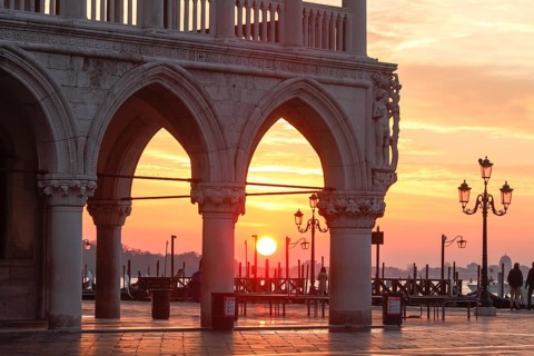 Sunrise at the Piazzetta in the morning during the Acqua alta, Venice, Veneto, Italy