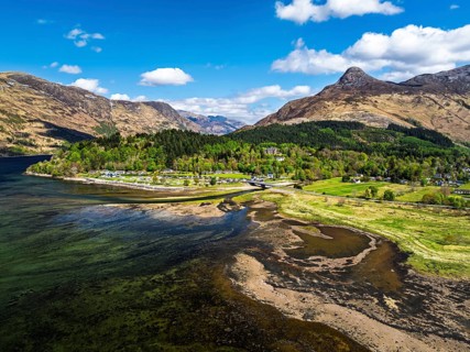 Loch Leven and Holiday Park from a drone, Glencoe, Highland, Scotland, United Kingdom