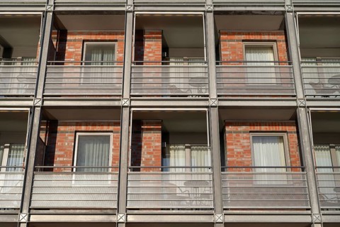 Apartment building with balconies, facade in detail, Waren, Müritz, Mecklenburg Lake District,
