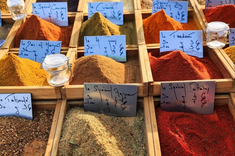 Various spice blends at a market stall, Saintes-Maries-de-la-Mer, Camargue, France
