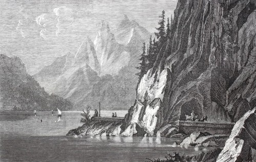 The rocky road along Lake Lake Traun from Gmunden to Ebensee, around 1870, Salzkammergut, Austria,