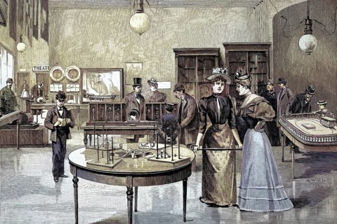 Physics room in the Urania school, Berlin, Germany, students, illustration from 1894, reproduction,