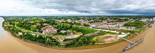 Panorama of Citadel of Blaye from a drone, Blaye, Gironde Estuary, France