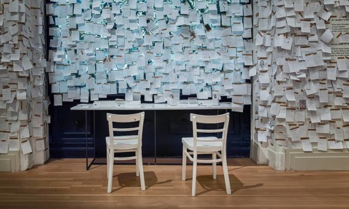 Gropius Bau Berlin, interior view, room with countless post it at the end of an exhibition, Berlin,