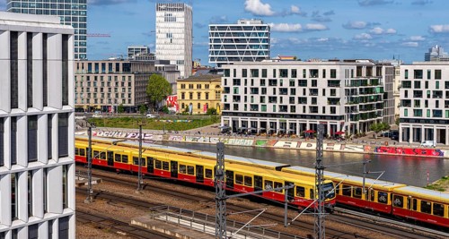 View from the roof of the Futurium Museum onto the Humboldt harbour at Berlin Central Station,