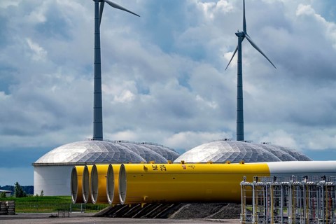 The seaport of Eemshaven, Julianahaven Basin, where the foundation structures, monopiles, for
