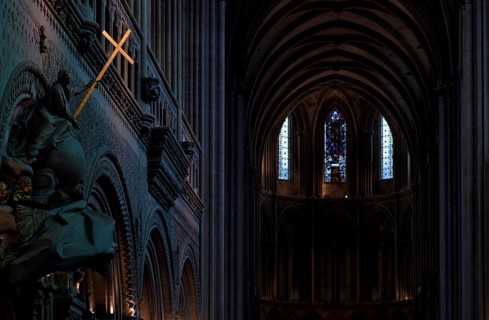 Interior view, angel on pulpit, holding a shining golden sword, Cathédrale Notre-Dame de Bayeux,