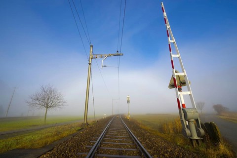 Railroad Tracks in a Foggy Agriculture Field with Bare Tree and Sunlight in Locarno, Ticino,