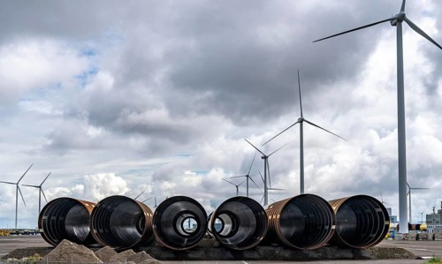 The seaport of Eemshaven, Julianahaven Basin, where the foundation structures, monopiles, for