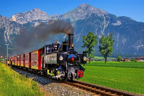 Historic Zillertal railway with steam locomotive, Zillertal, Zillertal Alps, Tyrol, Austria