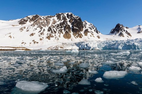 Glacier tongue, ice in front of break-off edge, sea, Fugelfjorden, Spitsbergen, Svalbard