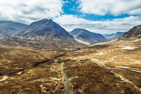 Mountains and Moors over Glen Etive Valley from a drone, Buachaille Etive Mòr, The Buachaille,