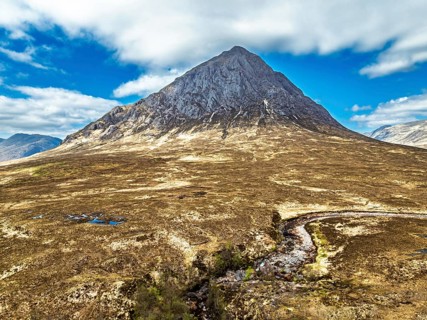 The Buachaille Mountain and Moors over Glen Etive Valley from a drone, Buachaille Etive Mòr, The