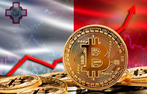 Bitcoin rising with Malta flag in the background. Bitcoin with Malta flag in the background