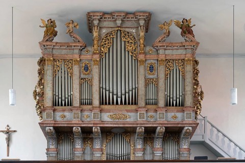 Prospectus of the 1710 organ of the parish church of St John, built in 1717-19, Biberacher Str. 6,