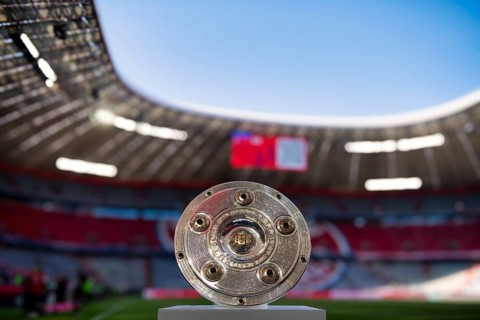 Bundesliga Meisterschale, trophy, cup, on podium, Allianz Arena, Munich, Bavaria, Germany