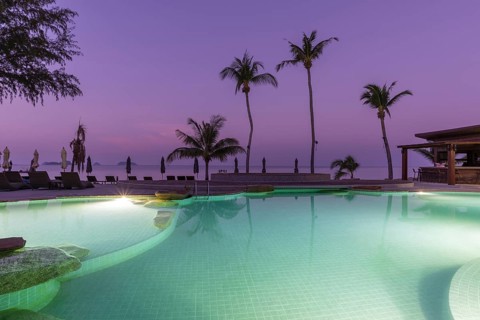 Illuminated swimming pool on the island of Koh Chang, Andaman Sea, Southern Thailand, Thailand