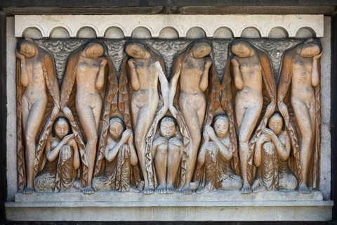 Stone relief by Bernhard Hoetger entitled Sleep, allegorical relief, Platanenhain, Mathildenhöhe,