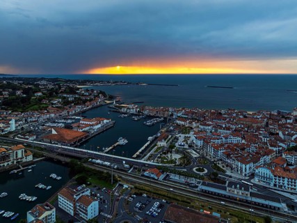 Panorama of Sunset over Saint-Jean-de-Luz from a drone, Nouvelle-Aquitaine, Pyrenees-Atlantiques,
