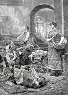 Poor vegetable market in a small town in France around 1880, Poverty, Historical, digitally