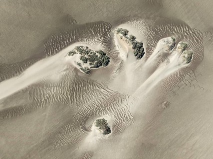 Small sand heaps form around the sparse vegetation in the Namib Desert. Aerial view. Drone shot.
