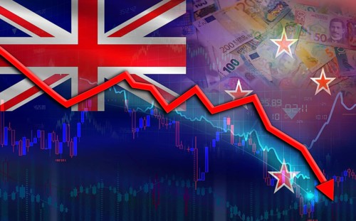 New Zealand financial fall on economy market. New Zealand financial crisis on economic graph