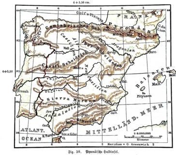 Pyrenean Peninsula, historical geographical map, topography, Madrid, Lisbon, Ebro, Tagus, Pyrenees,