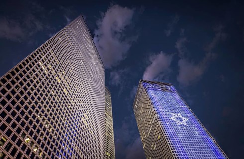 Israel, Tel Aviv financial business district skyline with shopping malls and high tech offices