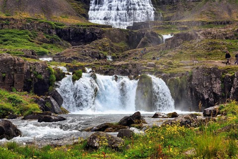 Dynjandi, Dynjandifoss or Fjallfoss, tourists, hikers at the waterfall in summer, river Dynjandisá,