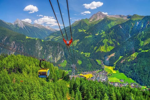 Penkenbahn with view of the village, Mayrhofen, Zillertal, Zillertal Alps, Tyrol, Austria