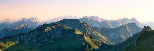 Panorama from Mount Gantrisch, sunset over the Bernese and Fribourg Pre-Alps, Canton of Bern,