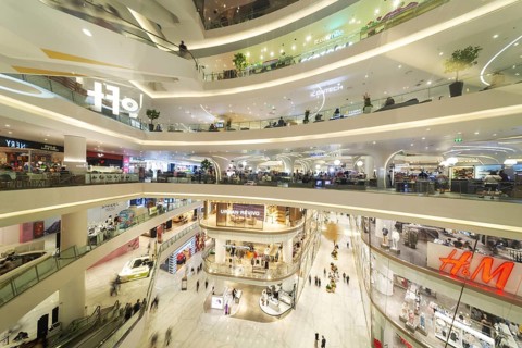 Floors with luxury shops, IconSiam shopping centre, Khlong San district, Thonburi, Bangkok,