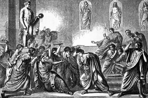 The assassination of Julius Caesar by a conspiracy of about 60 Roman senators, the so-called