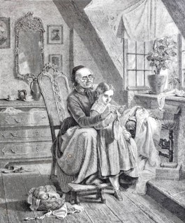 Grandmother shows granddaughter how to knit, at home, knitting utensils, wool, 1888, Germany,