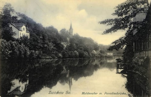 Historical postcard, picture postcard, bank of the Mulde with Paradise Bridge in Zwickau, Saxony,