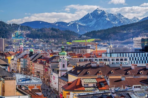 Old town roofs above the Herzog-Friedrich-Strasse with the Serles 2717m, Innsbruck, Inntal,