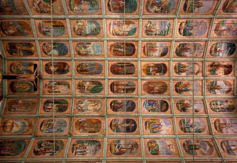 Interior view, church ceiling, wooden ceiling with New Testament scenes, apostles and the secondary