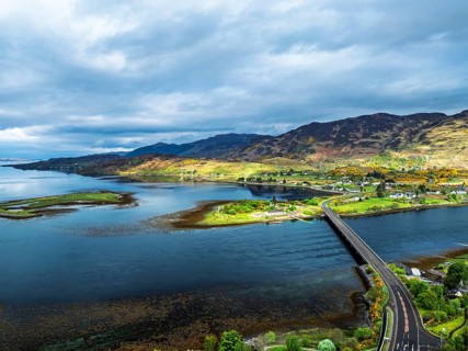 Loch Long Bridge or Dornie New Bridge from a drone, Loch Long River, Highlands, Scotland, England,