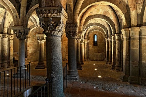 Vaults, columns and capitals in the underground grove of columns, pagan crypt, 10th century,