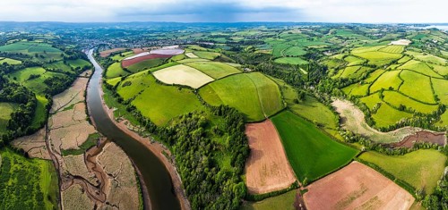 Panorama of Farms and Fields over River Dart from a drone, Stoke Gabriel, Totnes, Devon, England,