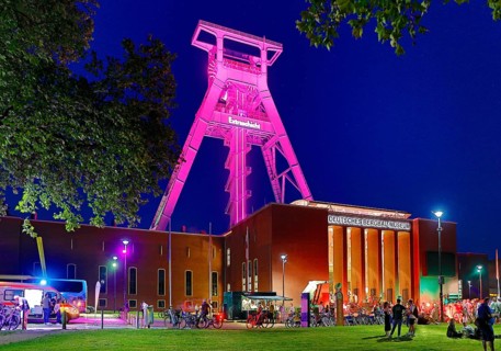 People in front of the German Mining Museum for the Extra Shift at night, Bochum, Ruhr Area, North