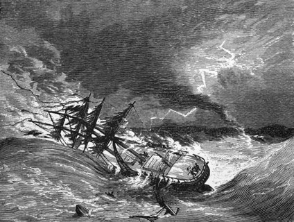 Ship in distress due to a storm and a waterspout, around 1870, Scotland, digital reproduction of a