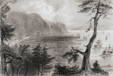 Timber Depot, lumberyard in the water, Quebec, Canada in the 19th century. From the Cyclopaedia of