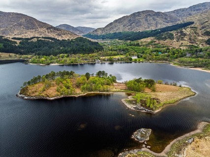 Loch Shiel from a drone, Glenfinnan, River Finnan, West Highland, Scotland, United Kingdom