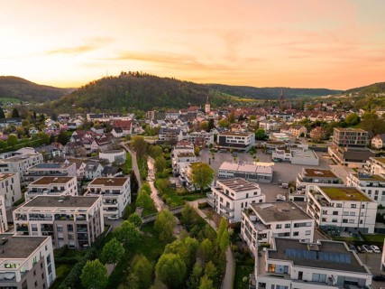 Aerial view of a town at sunset, crossed by a river, Nagold, district of Calw, Germany